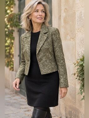 Vintage Tonal Olive Brocade Blazer – Short Boxy Tapestry Arabesques